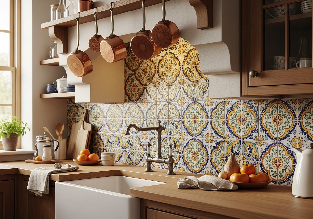 Hand-painted decorative tile backsplash