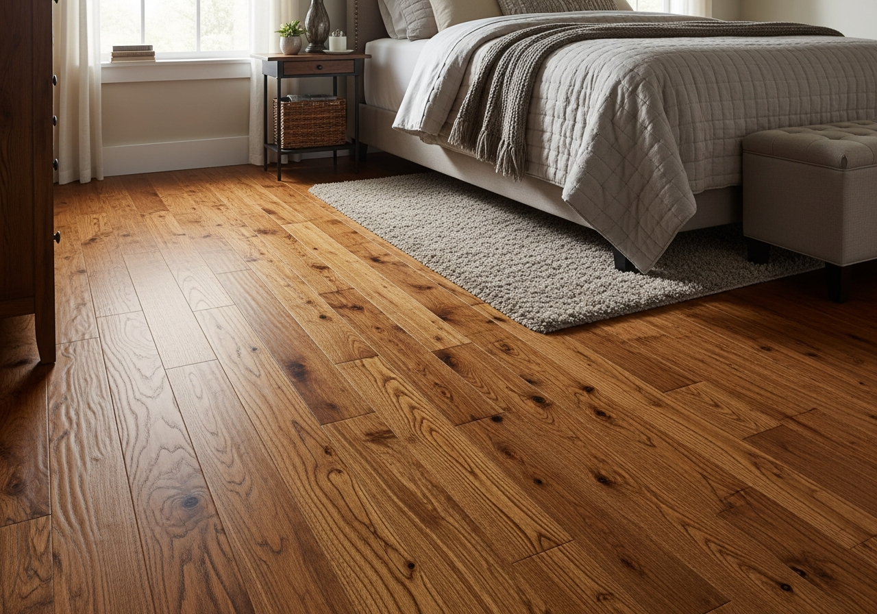 Rustic hickory hardwood bedroom floor