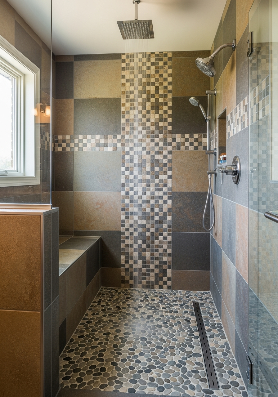 Spa-style pebble floor tile shower