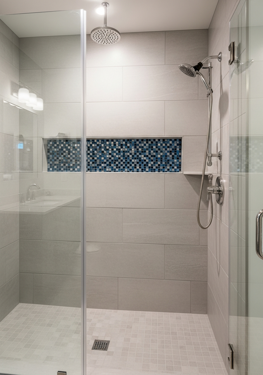 Large format tile shower with accent niche