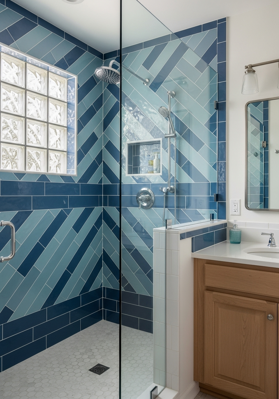 Corner tile shower with glass block window